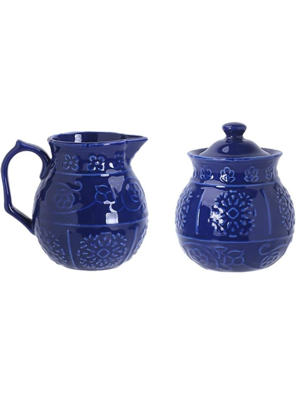 Blue Embossed Ceramic Sugar and Creamer Set with Lid & Spoon - 10oz Coffee Serve